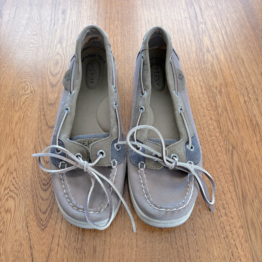 Women Sperry Angelfish Boat Shoe Gray Tan Brown Fabric Accent Suede Size 7.5